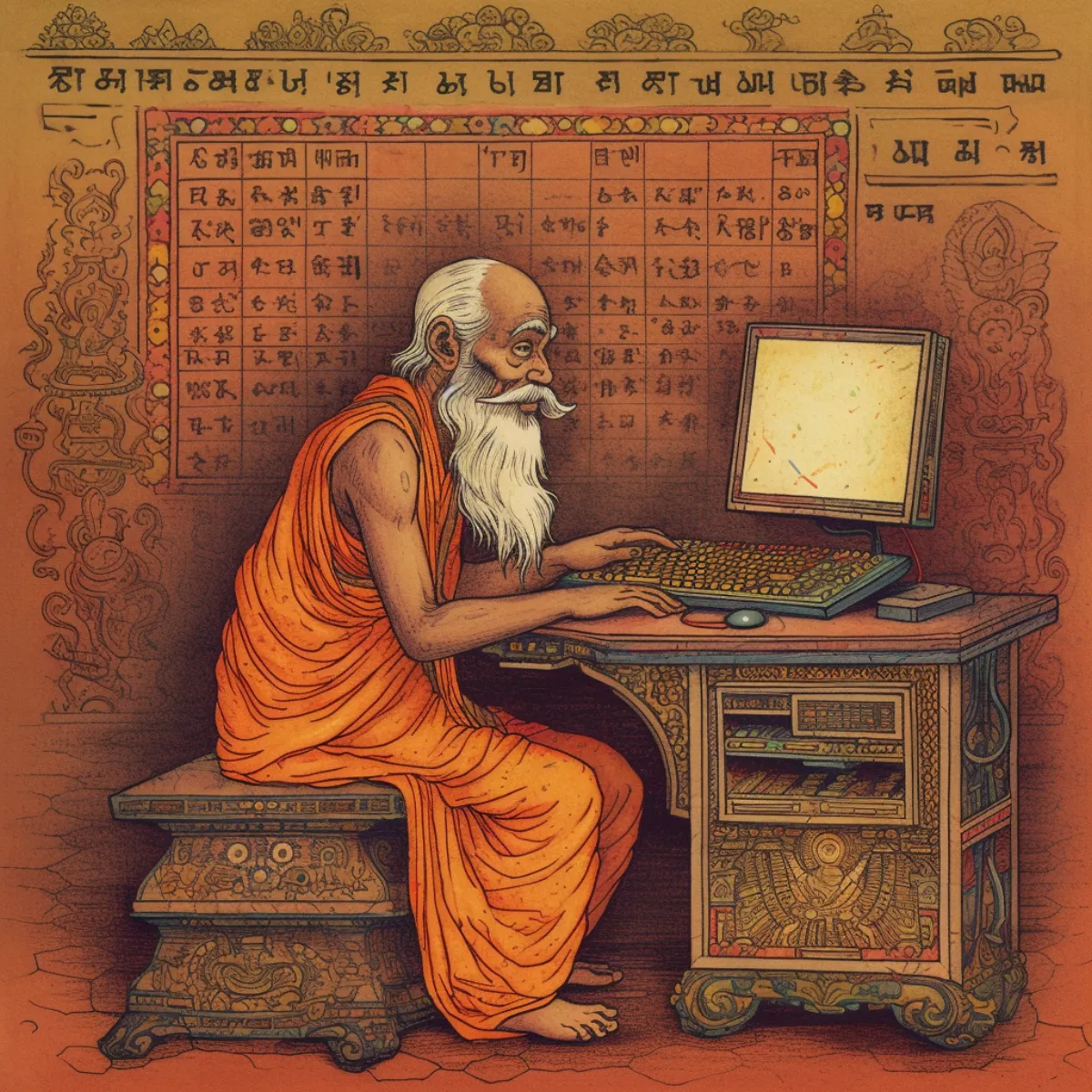 A drawing of a man who looks to be from ancient India using a somewhat modern computer.