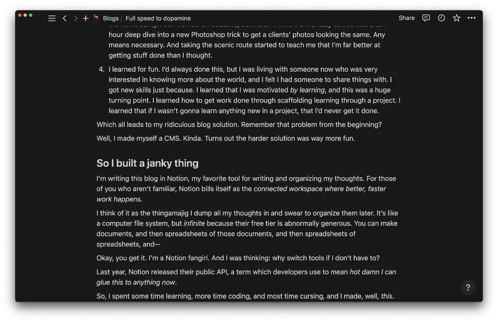 How the blog looks in Notion: pretty markdown!