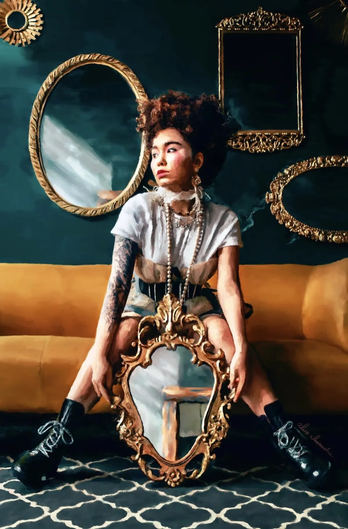 Painting of a person sitting, holding a mirror. By Alice Alexandra Moore.