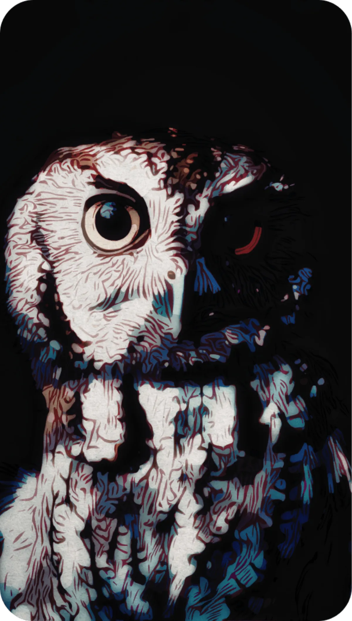 A painting of a Screech Owl staring eerily at the viewer. Painting by Alice Alexandra Moore.